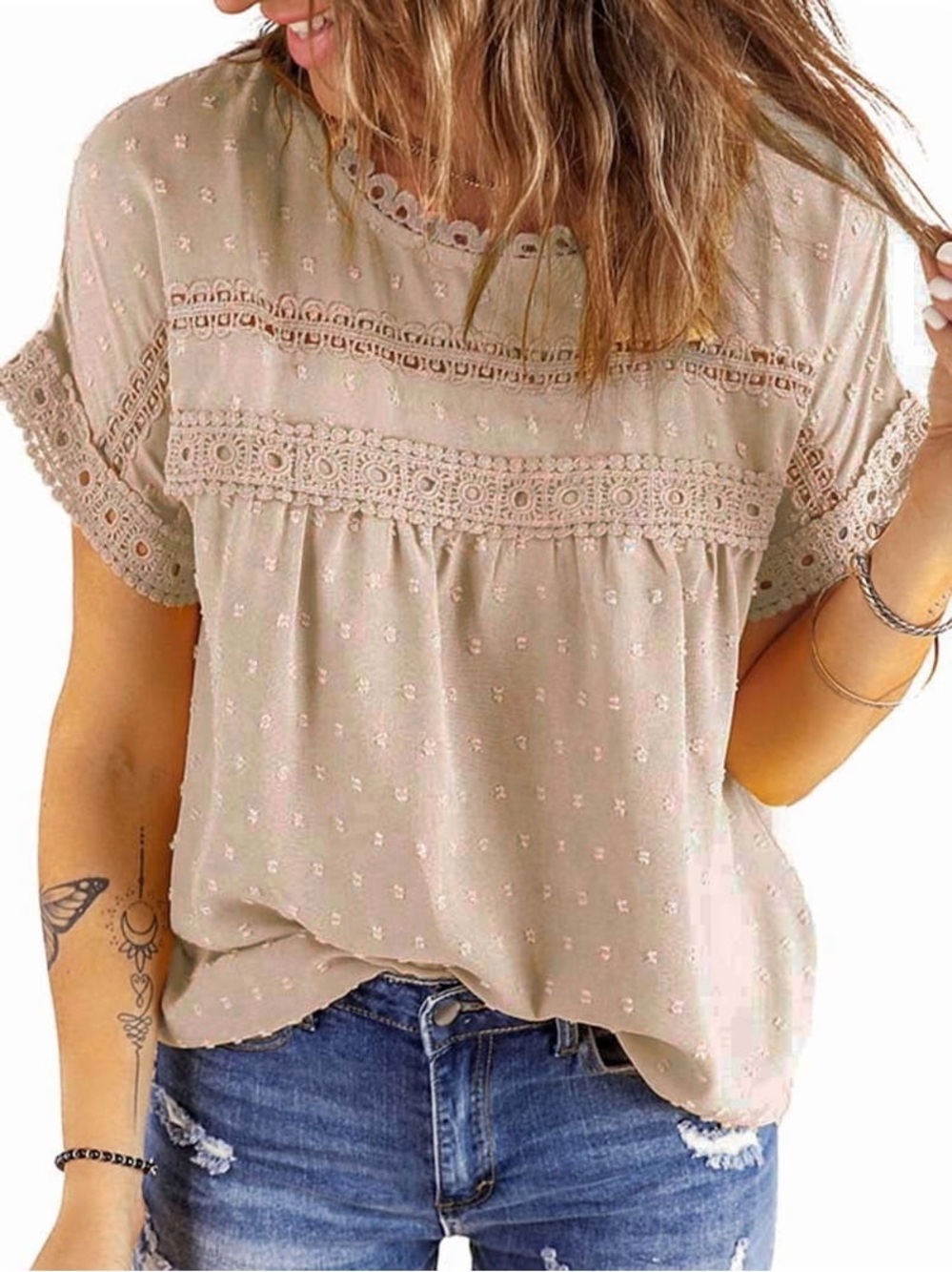Dokotoo Womens M Khaki Beige Swiss Dot Crochet Lace Button Back Babydoll Top